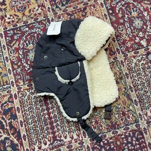 NWT 00s Stetson Black Nylon Sherpa Lined Trapper Aviator Hat Ushanka Ear Flaps